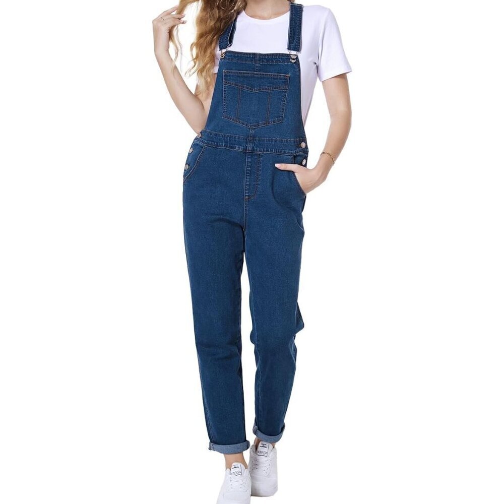 Women's Denim Overalls Loose Fit Bib Jumpsuit Casual Buckles Blue